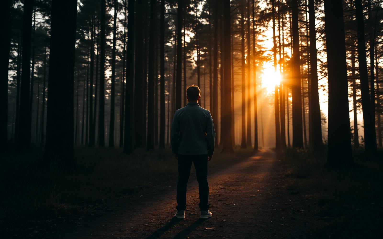 Mensch steht an einer Weggabelung im Wald und folgt seinem inneren Kompass.
